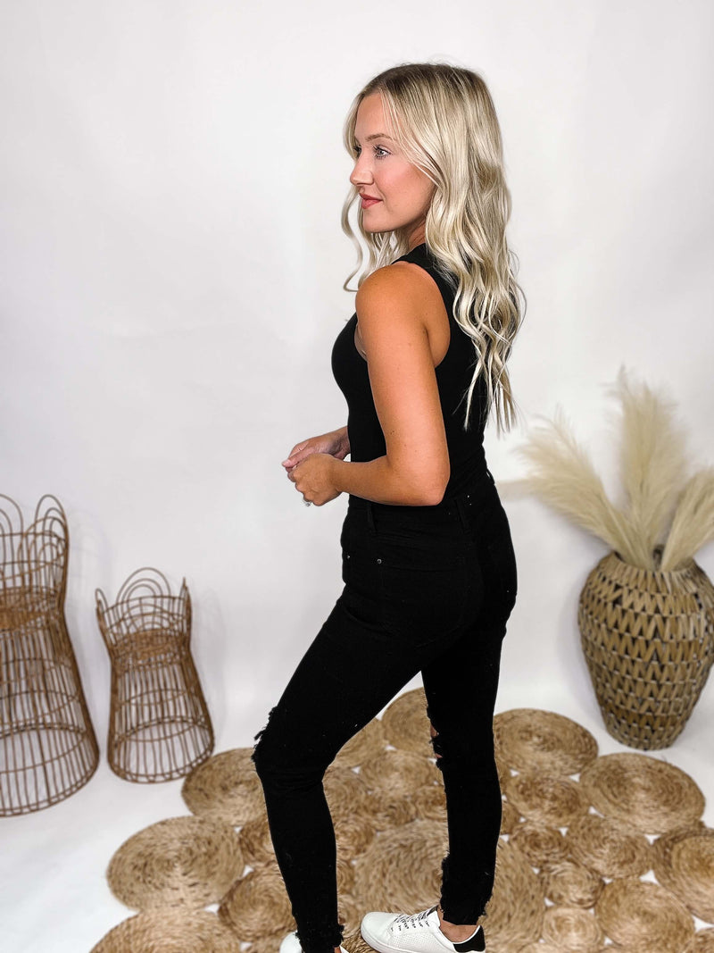 Black Cutout Detail Sleeveless Ribbed Bodysuit Snap Closure Ribbed Texture Fitted True to Size 93% Rayon, 7% Spandex