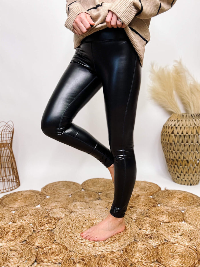 Mono B Black Glossy Liquid Faux Leather Leggings Fitted with Slight Stretch Moisture Wicking Tummy Control 80% Polyester, 20% Spandex Size up if in between sizes