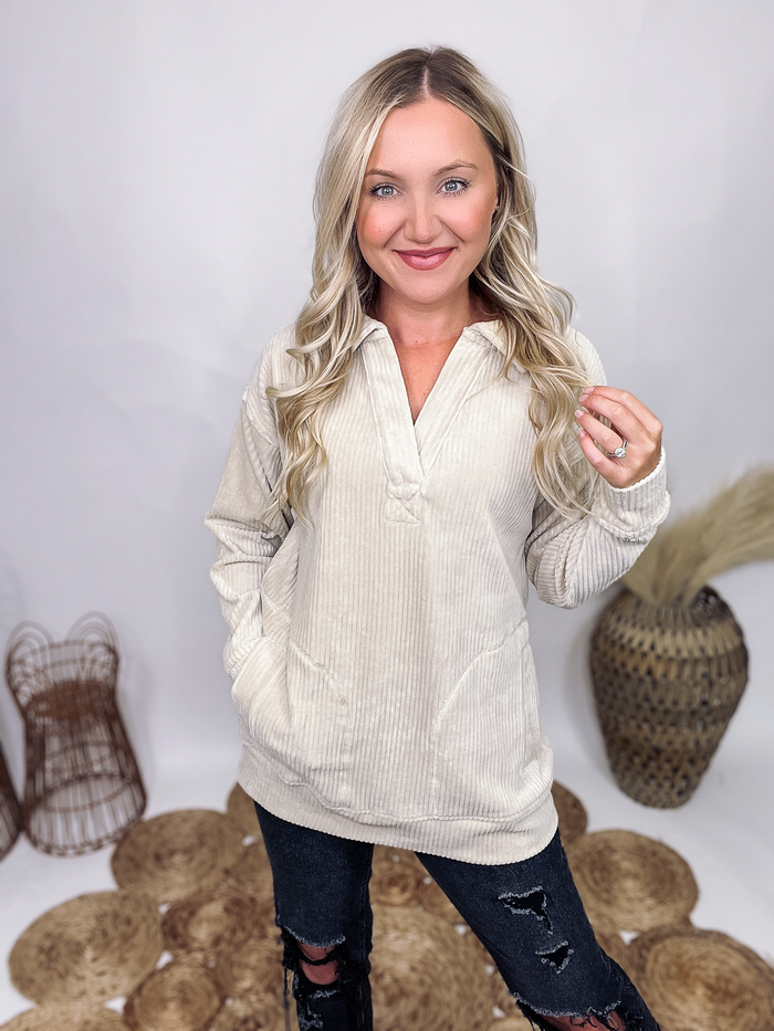 Mono B Oatmeal Soft Corduroy Long Sleeve Pullover Collared  Soft and Stretchy Double Pockets Relaxed Fit 65% Cotton, 32% Polyester, 3% Spandex True to Size