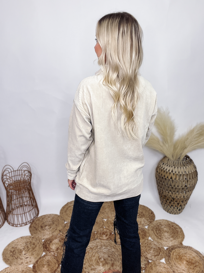 Mono B Oatmeal Soft Corduroy Long Sleeve Pullover Collared  Soft and Stretchy Double Pockets Relaxed Fit 65% Cotton, 32% Polyester, 3% Spandex True to Size