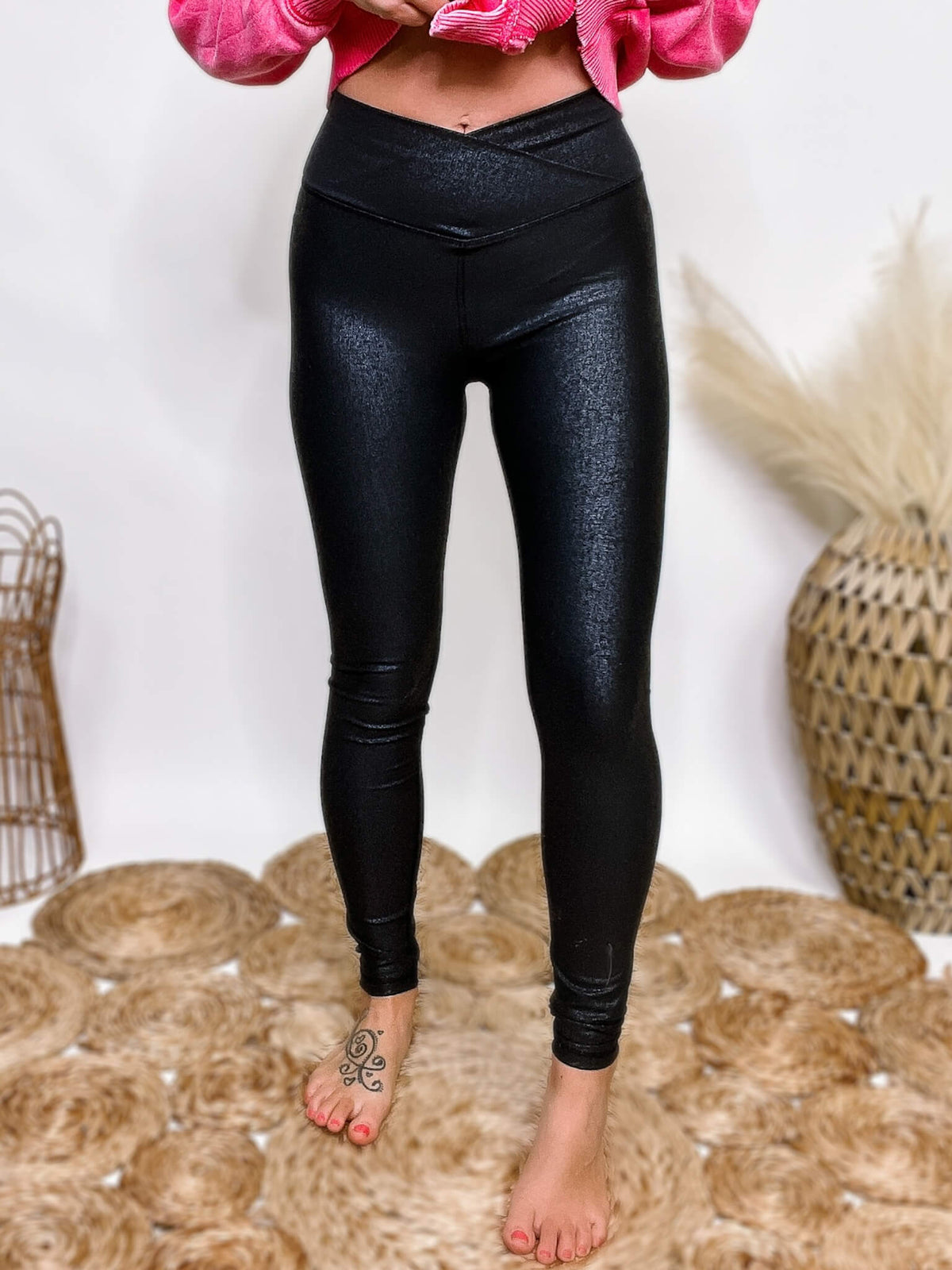 Mono B Black Leather Look Foil Print Pebbled Print V Waist Crossover Leggings Fitted, Stretchy and Smoothing 88% Polyester, 12% Spandex True to Size