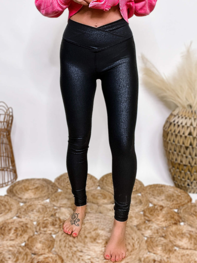 Mono B Black Leather Look Foil Print Pebbled Print V Waist Crossover Leggings Fitted, Stretchy and Smoothing 88% Polyester, 12% Spandex True to Size