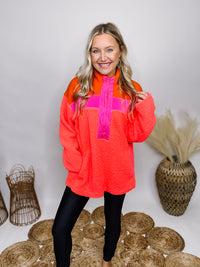  Neon Pink, Orange, Coral Sherpa Pullover 3/4 Zip Side Pockets Oversized Fit 100% Polyester
