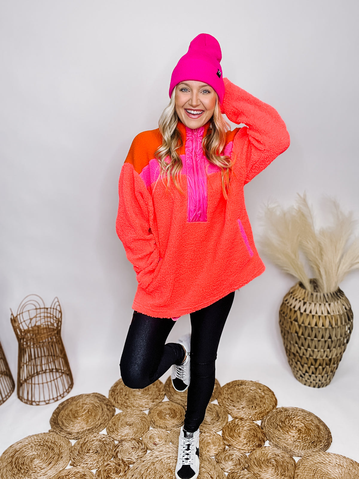 Neon Pink, Orange, Coral Sherpa Pullover 3/4 Zip Side Pockets Oversized Fit 100% Polyester