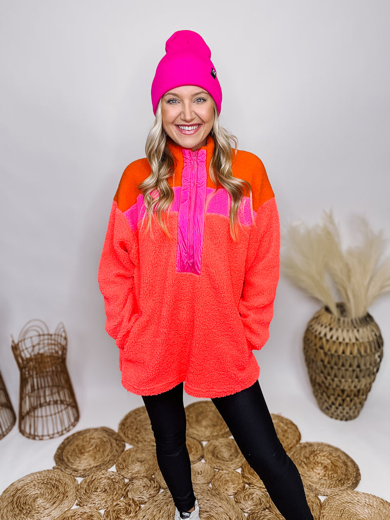 Neon Pink, Orange, Coral Sherpa Pullover 3/4 Zip Side Pockets Oversized Fit 100% Polyester