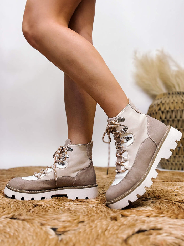 Pfeiffer Booties by Chinese Laundry Neutral Cream Lace Up Slip On Lug Sole Booties Pull On with Stretch Rubberized Outsole True to size