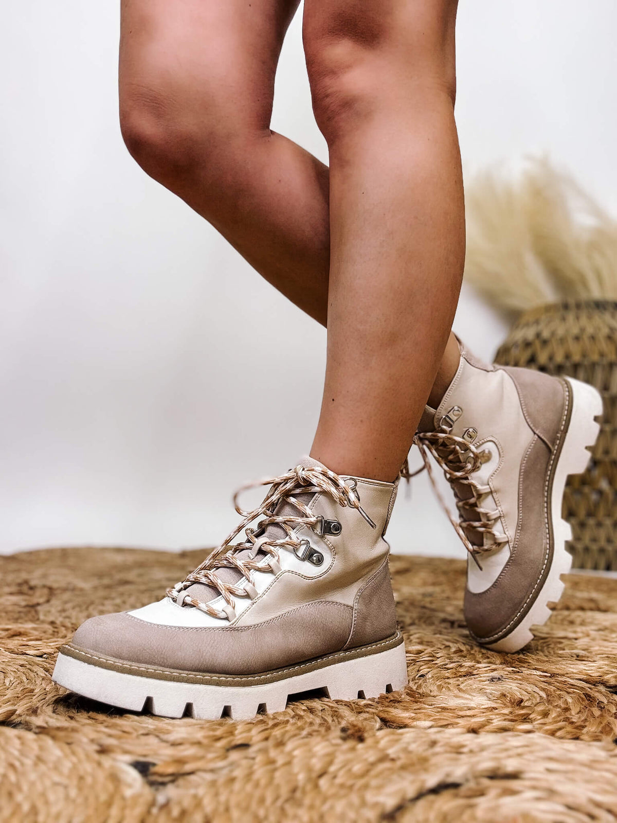 Neutral Cream Lace Up Slip On Lug Sole Pfeiffer Booties by Chinese