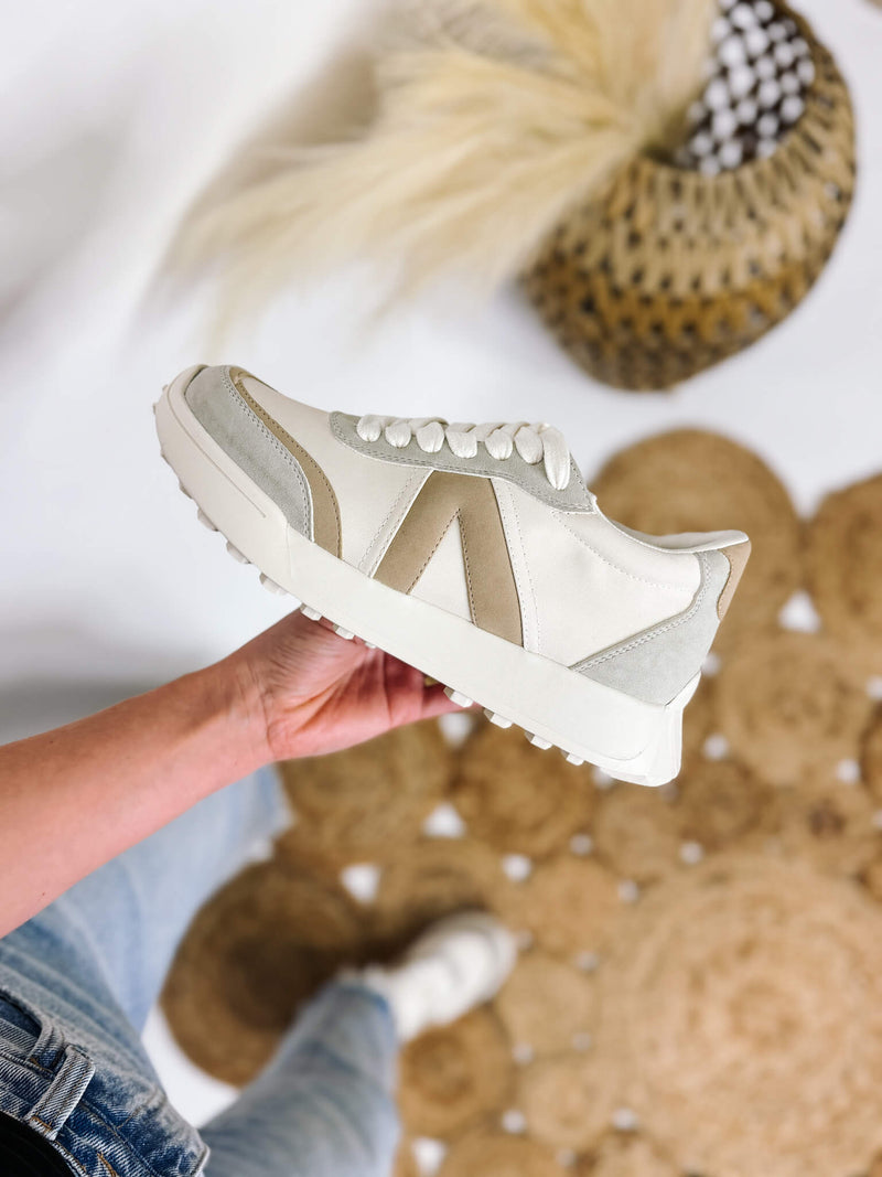 Neutral Off White, Tan and Grey Town Sneakers by MIA Lace Up Gripped Outsole Contoured Cushion Footbed