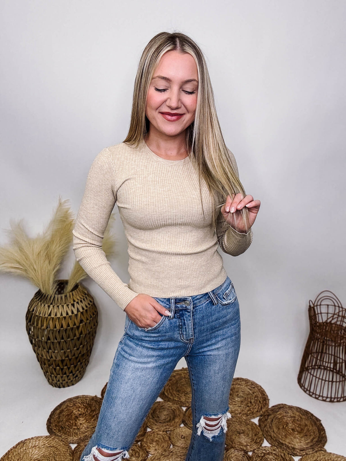 Active Basic Oatmeal Crew Neck Ribbed Detail Long Sleeve Top Soft Material Fitted and Stretchy 49% Viscose, 28% Polyester, 23% Nylon