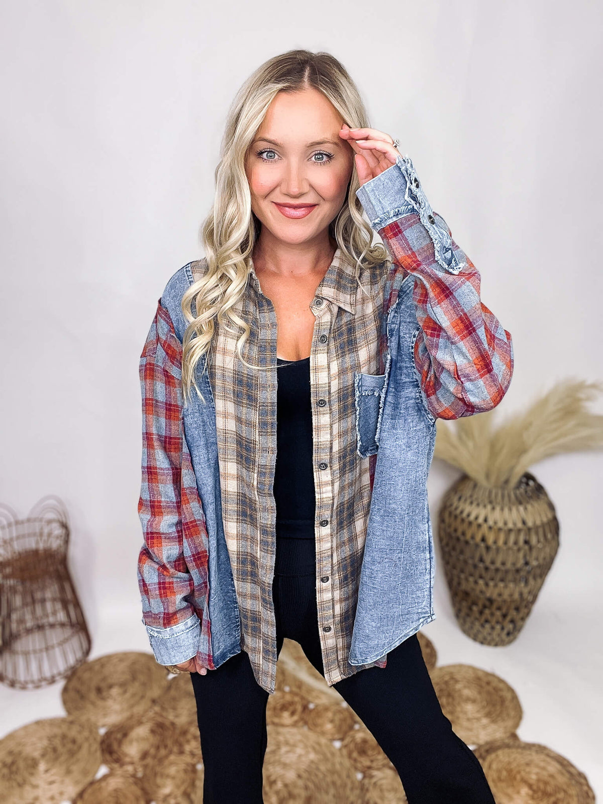 Oddi Denim and Mixed Plaid Collared Button Down Chest Pocket with Frayed Details Button Cuffs with Frayed Details Oversized Fit Soft Material 65% Polyester, 35% Cotton
