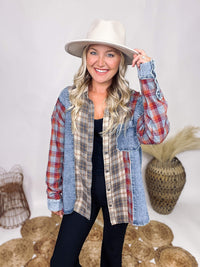 Oddi Denim and Mixed Plaid Collared Button Down Chest Pocket with Frayed Details Button Cuffs with Frayed Details Oversized Fit Soft Material 65% Polyester, 35% Cotton