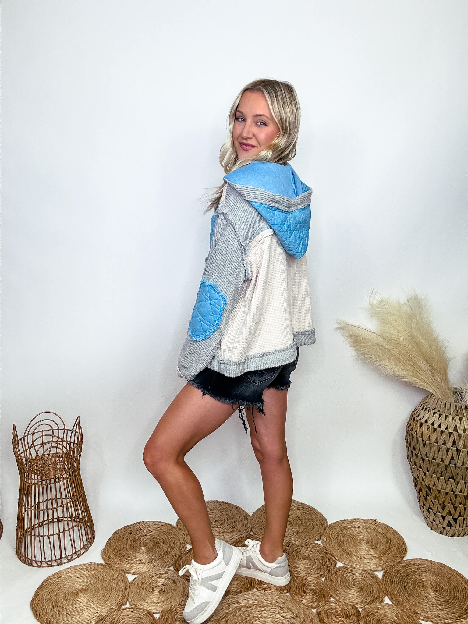 POL Clothing Blue and Grey Quilted Patchwork Button Up Oversized Hoodie Jacket Bmaes Boutique