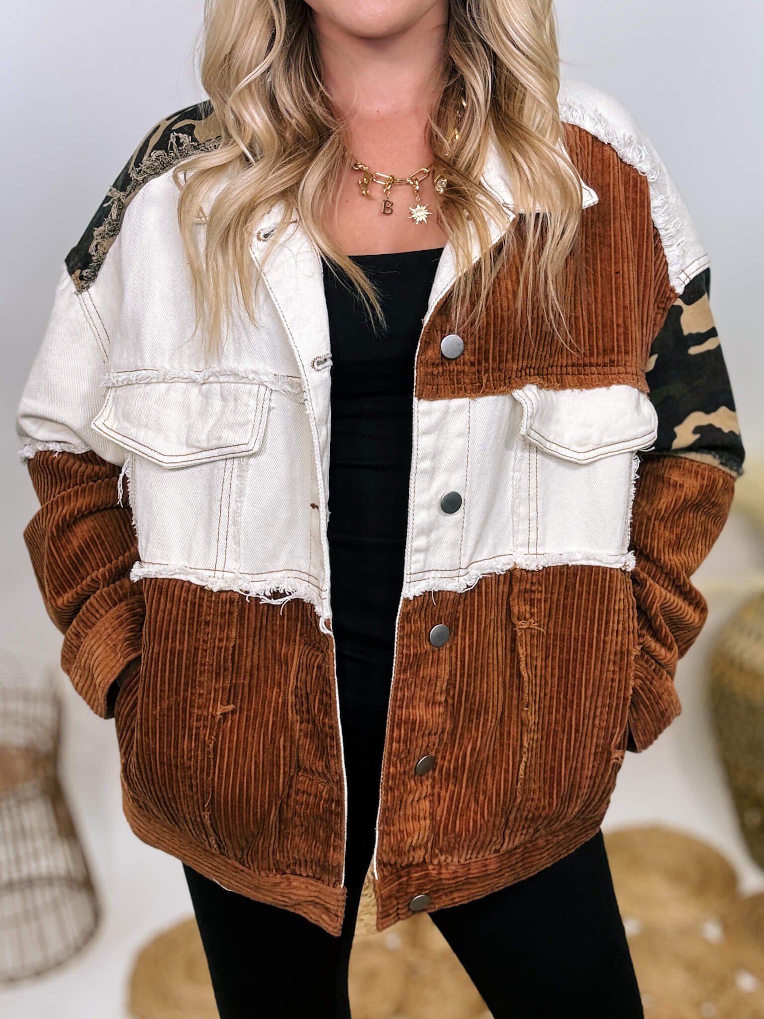 Cream and Camouflage Corduroy Button Up Jacket Relaxed and Oversized Fall Style Bmaes Boutique Bmaes Boutique