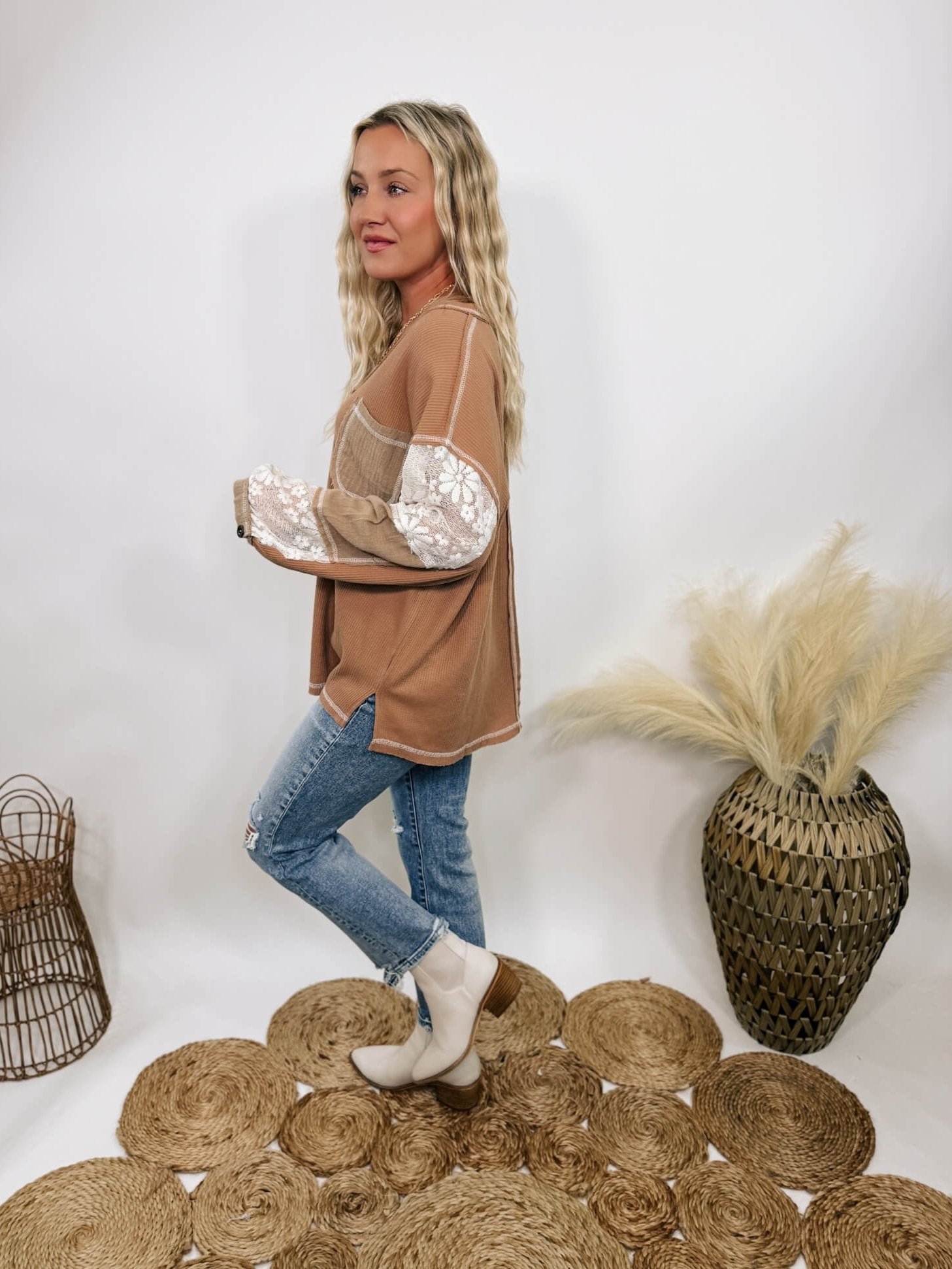 Mocha and Lace Patchwork Long Sleeve Top in Camel by POL Mocha and Lace Patchwork Long Sleeve Top in Camel by POL