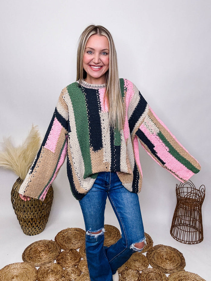 Pink, Charcoal, Tan, Green, Cream Vertical Stripe POL Chenille Sweater Oversized Bell Sleeves Soft and Cozy Material Oversized Fit