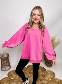 POL Pink Open Cross Back Long Balloon Sleeves Pullover Side Slits Exposed Seam Details Elastic Wrist Cuff French Terry Material Oversized Fit 60% Cotton, 40% Polyester