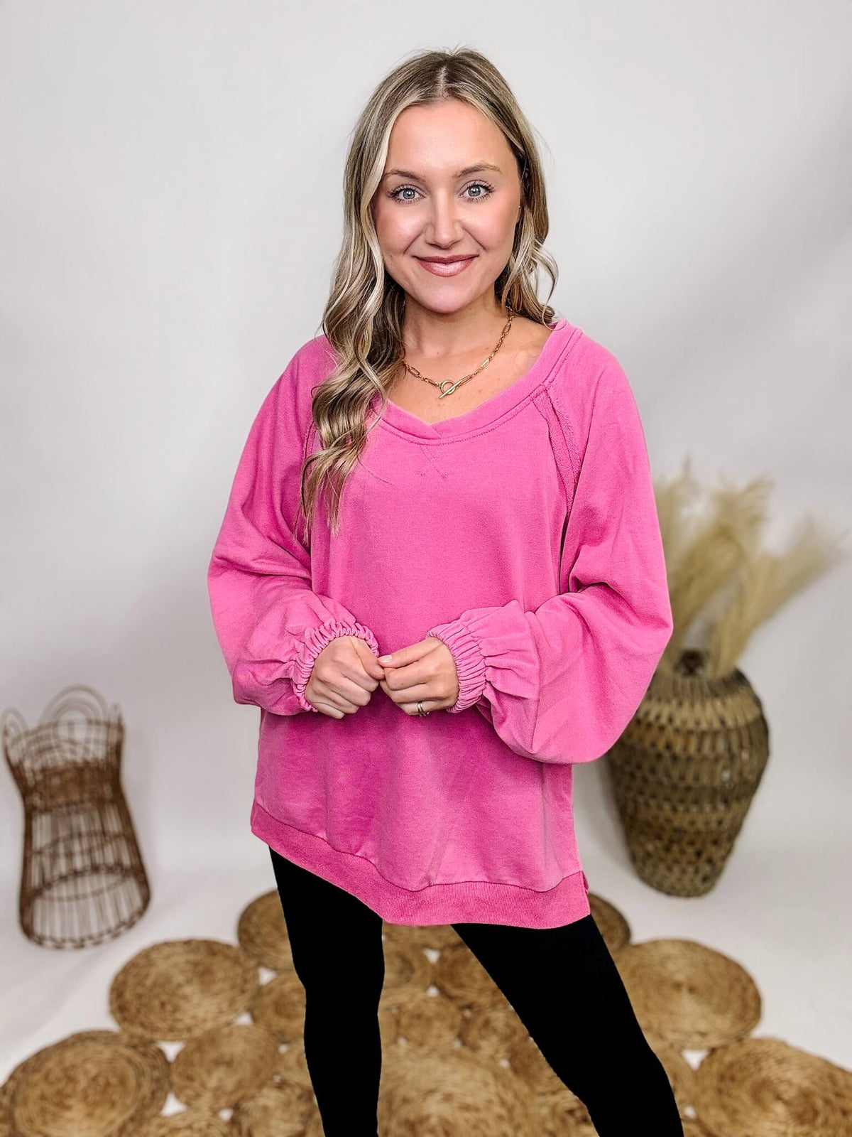 POL Pink Open Cross Back Long Balloon Sleeves Pullover Side Slits Exposed Seam Details Elastic Wrist Cuff French Terry Material Oversized Fit 60% Cotton, 40% Polyester