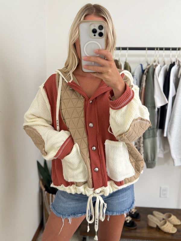 POL Brick, latte, and cream quilted patchwork hoodie jacket with oversized fit and boho fall textures