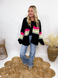 POL black mohair striped cardigan with pink, green, blue stripes - oversized fit and cozy fall style