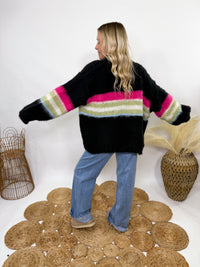 POL black mohair striped cardigan with pink, green, blue stripes - oversized fit and cozy fall style