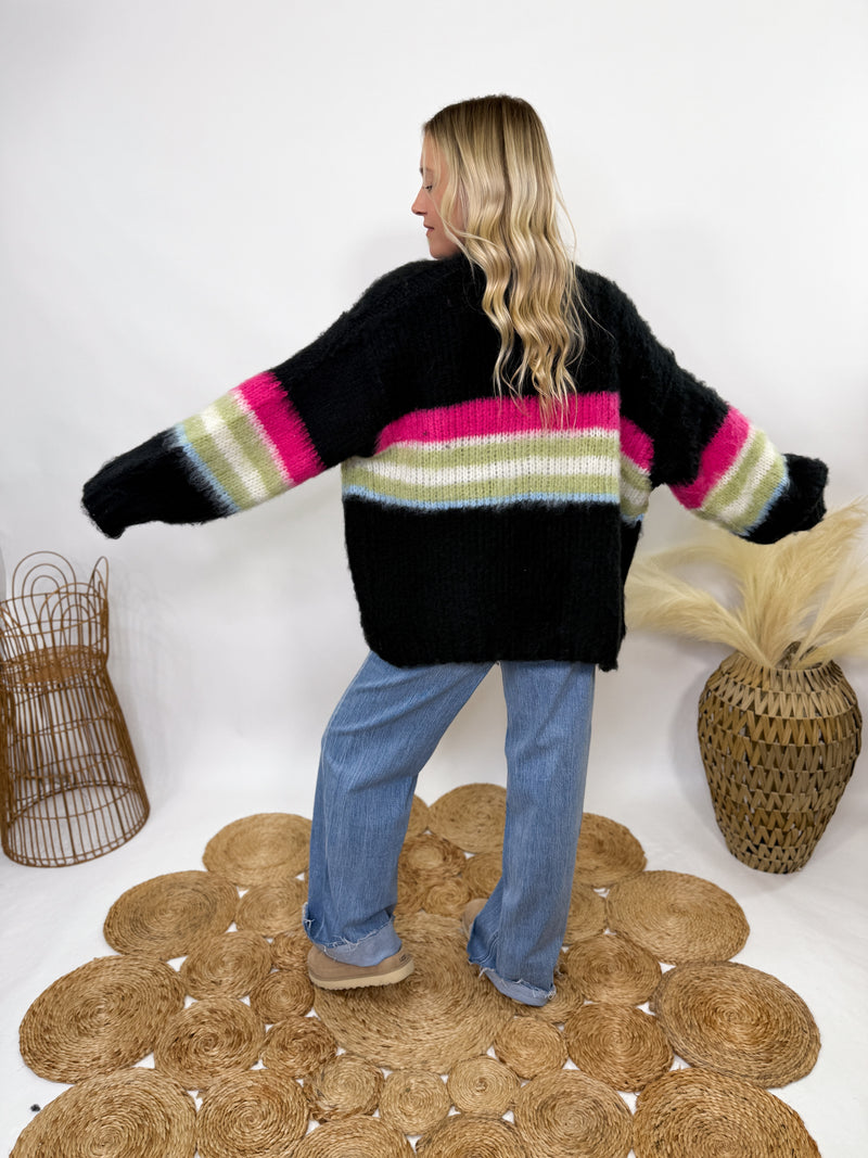 POL black mohair striped cardigan with pink, green, blue stripes - oversized fit and cozy fall style