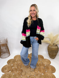 POL black mohair striped cardigan with pink, green, blue stripes - oversized fit and cozy fall style
