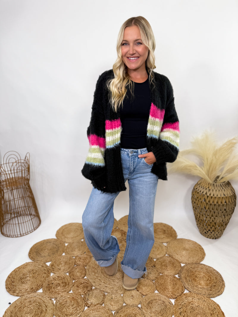 POL black mohair striped cardigan with pink, green, blue stripes - oversized fit and cozy fall style