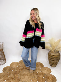 POL black mohair striped cardigan with pink, green, blue stripes - oversized fit and cozy fall style