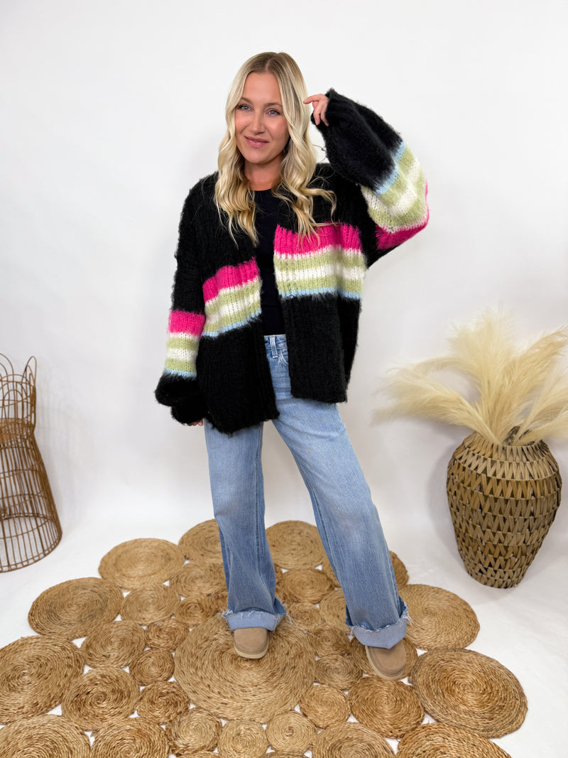 POL black mohair striped cardigan with pink, green, blue stripes - oversized fit and cozy fall style