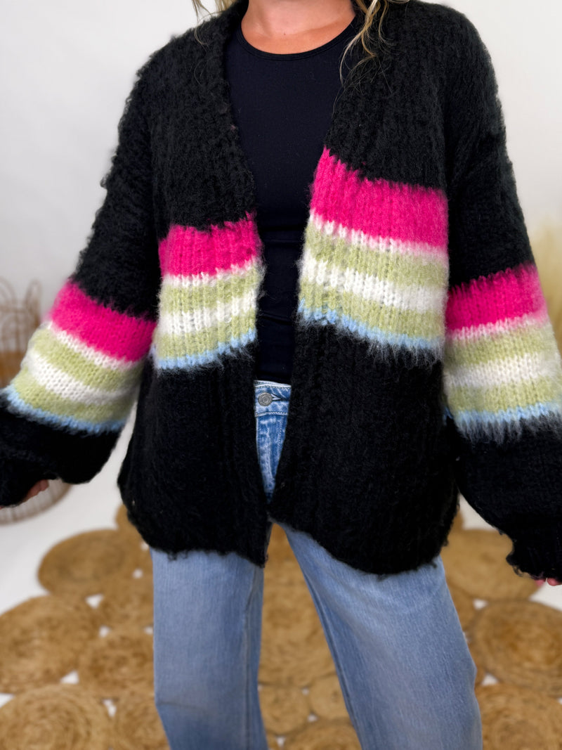 POL black mohair striped cardigan with pink, green, blue stripes - oversized fit and cozy fall style
