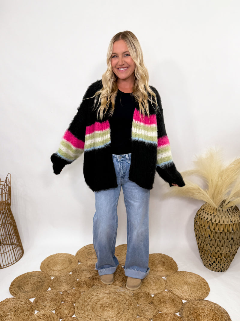 POL black mohair striped cardigan with pink, green, blue stripes - oversized fit and cozy fall style