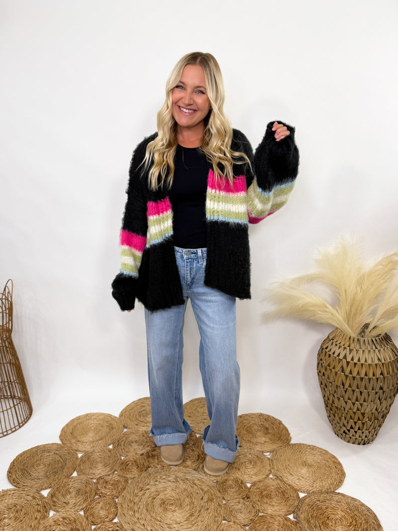 POL black mohair striped cardigan with pink, green, blue stripes - oversized fit and cozy fall style