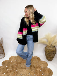 POL black mohair striped cardigan with pink, green, blue stripes - oversized fit and cozy fall style