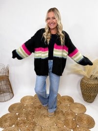 POL black mohair striped cardigan with pink, green, blue stripes - oversized fit and cozy fall style