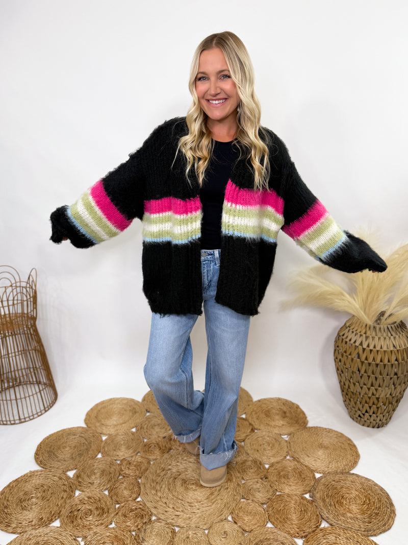 POL black mohair striped cardigan with pink, green, blue stripes - oversized fit and cozy fall style