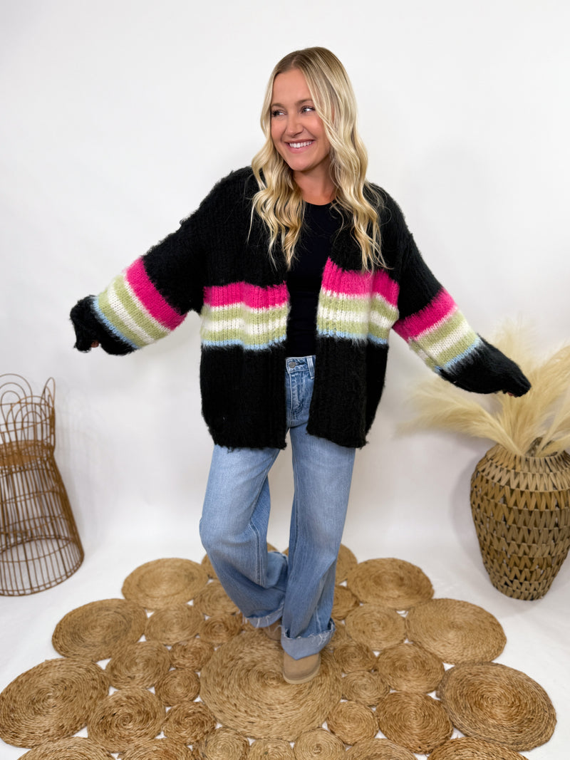 POL black mohair striped cardigan with pink, green, blue stripes - oversized fit and cozy fall style