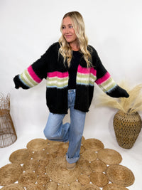 POL black mohair striped cardigan with pink, green, blue stripes - oversized fit and cozy fall style