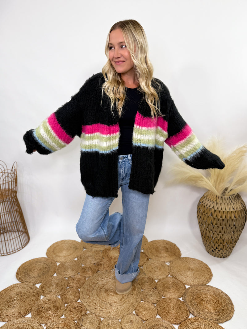 POL black mohair striped cardigan with pink, green, blue stripes - oversized fit and cozy fall style