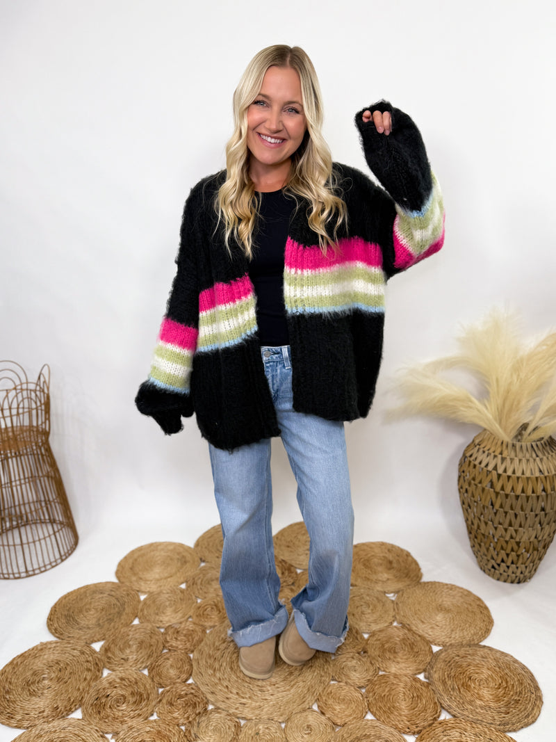 POL black mohair striped cardigan with pink, green, blue stripes - oversized fit and cozy fall style