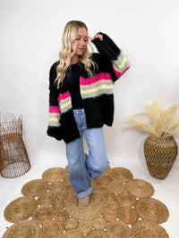POL black mohair striped cardigan with pink, green, blue stripes - oversized fit and cozy fall style