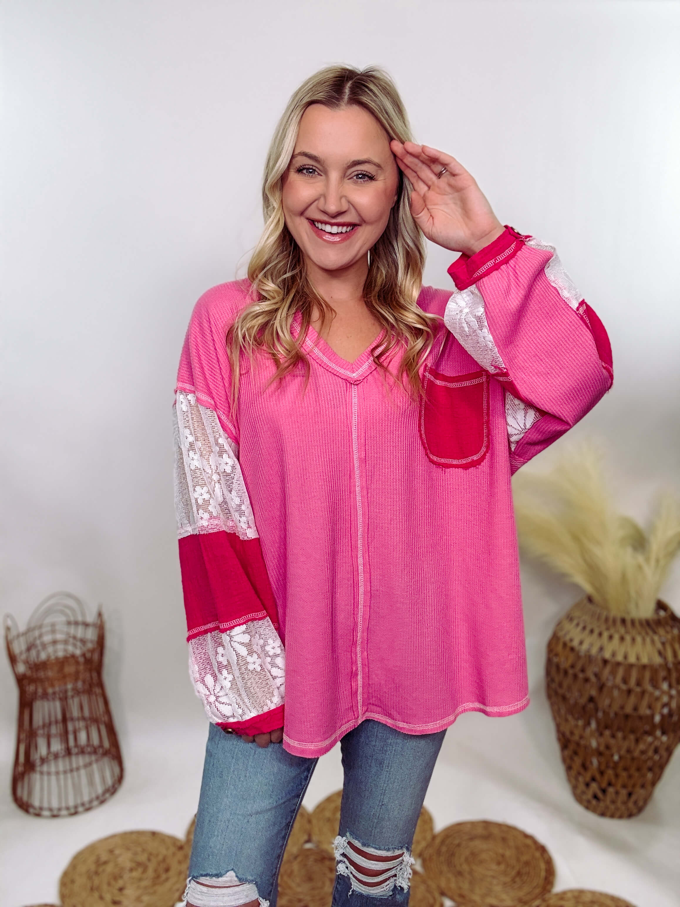 Hot Pink Lace Patchwork Long Sleeve Top by POL Clothing | Bmaes