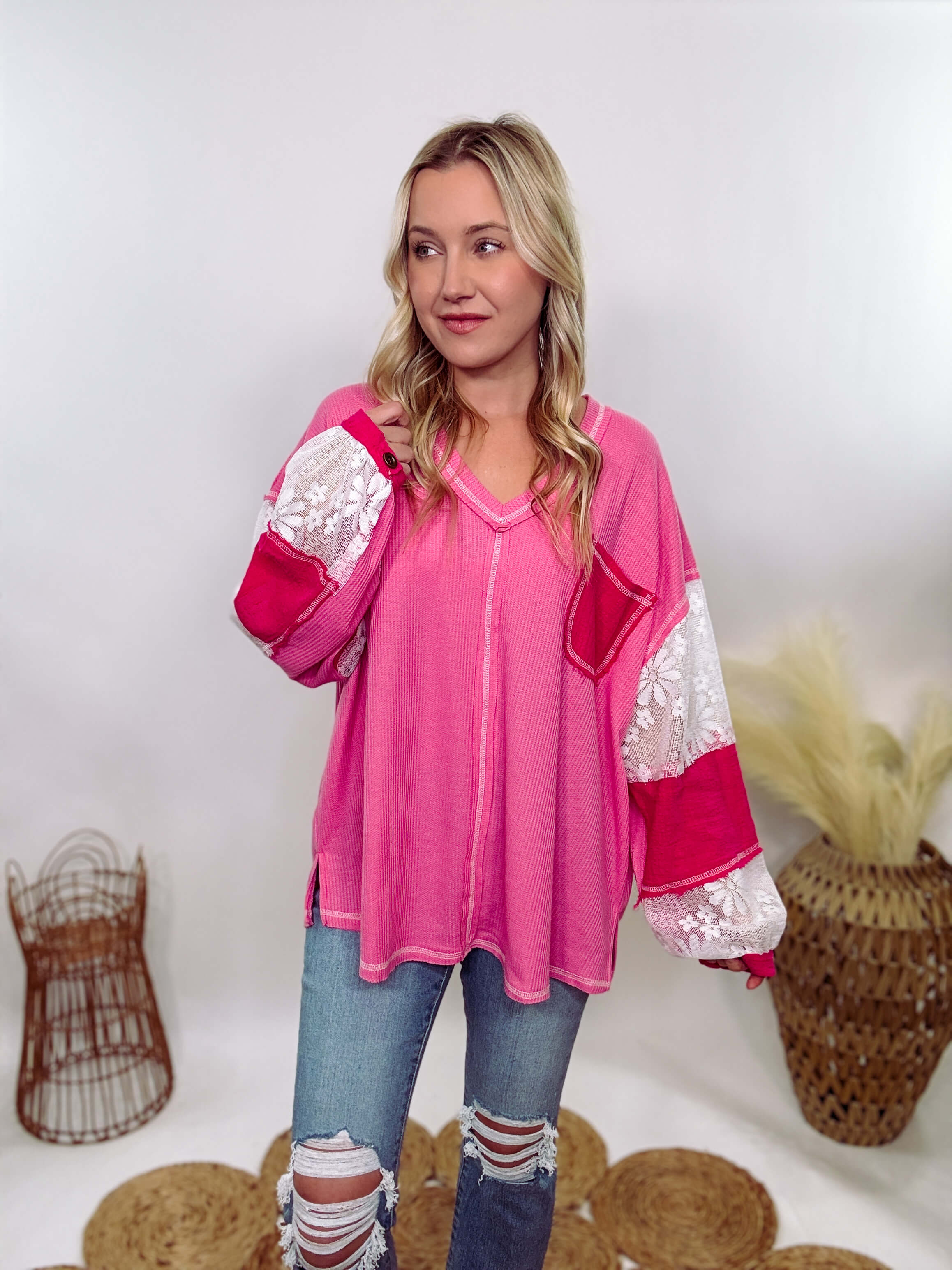 Hot Pink Lace Patchwork Long Sleeve Top by POL Clothing | Bmaes