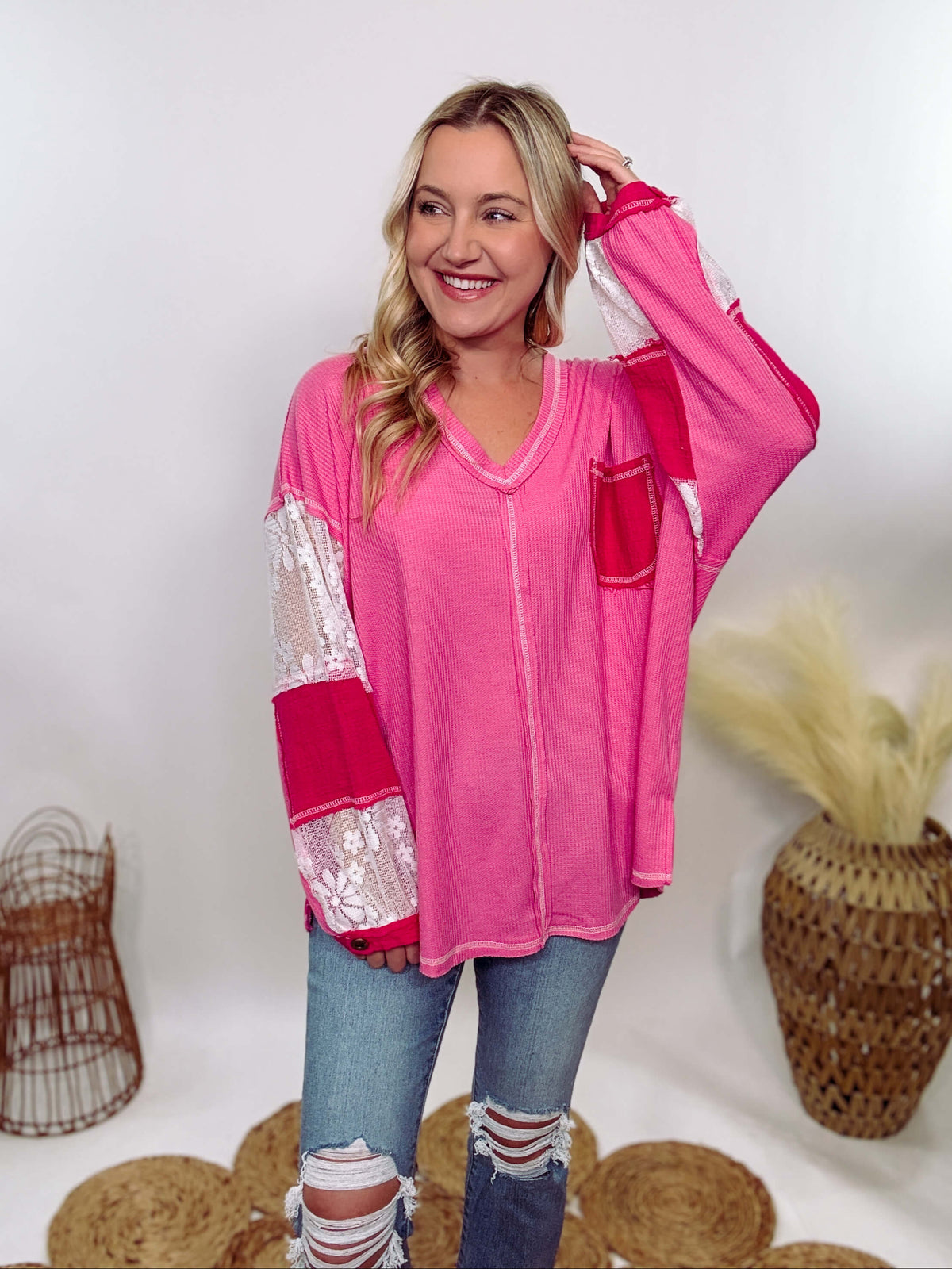 Hot Pink Lace Patchwork Long Sleeve Top by POL Clothing Bmaes