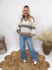 POL neutral colorblock striped oversized sweater.