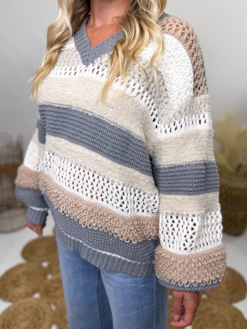 POL neutral colorblock striped oversized sweater.