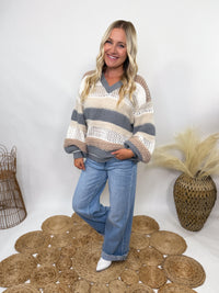 POL neutral colorblock striped oversized sweater.