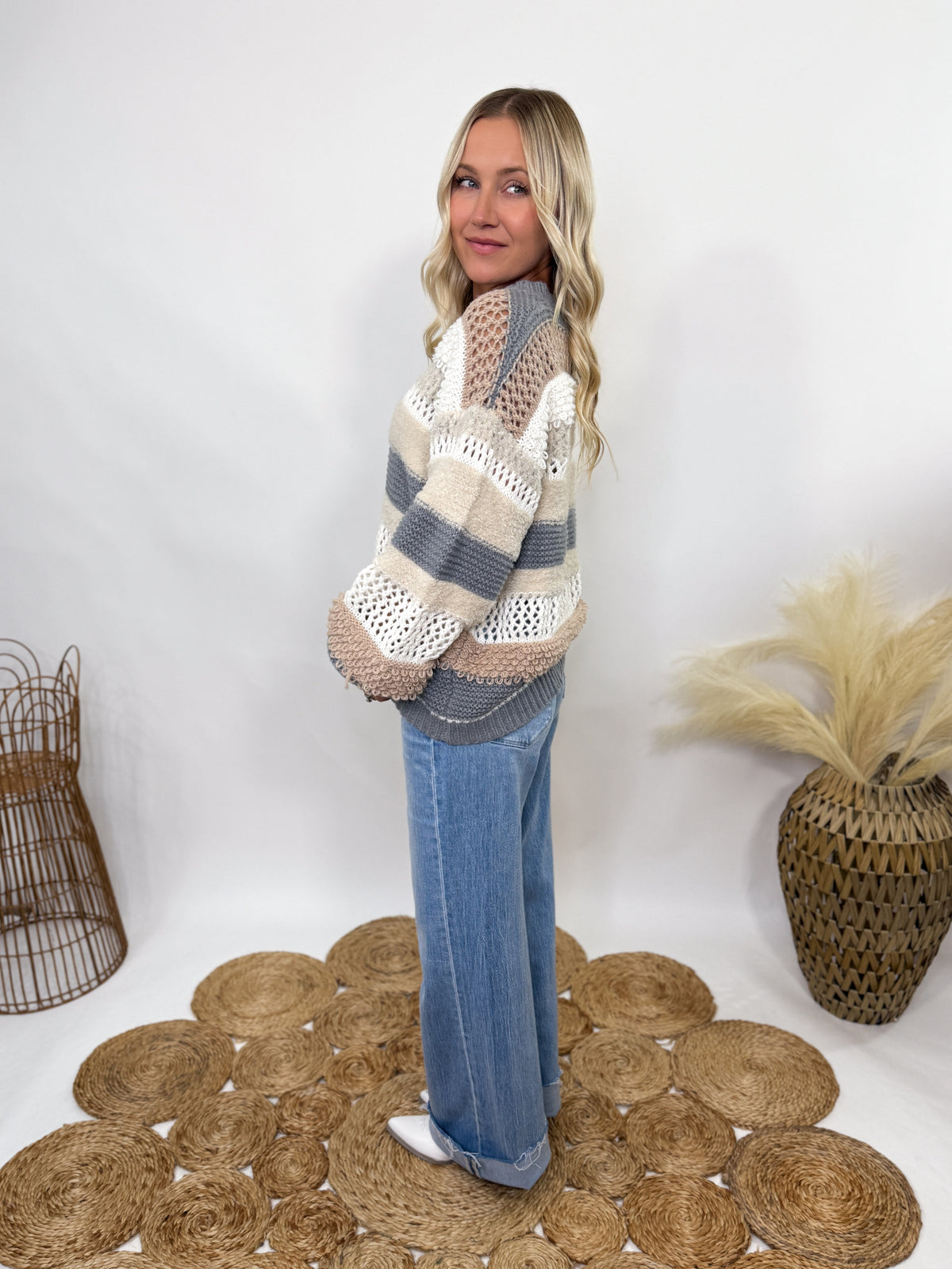 POL neutral colorblock striped oversized sweater.