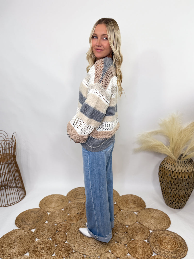 POL neutral colorblock striped oversized sweater.