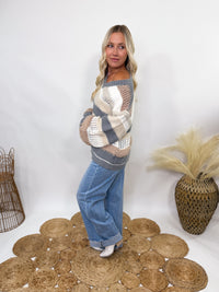 POL neutral colorblock striped oversized sweater.