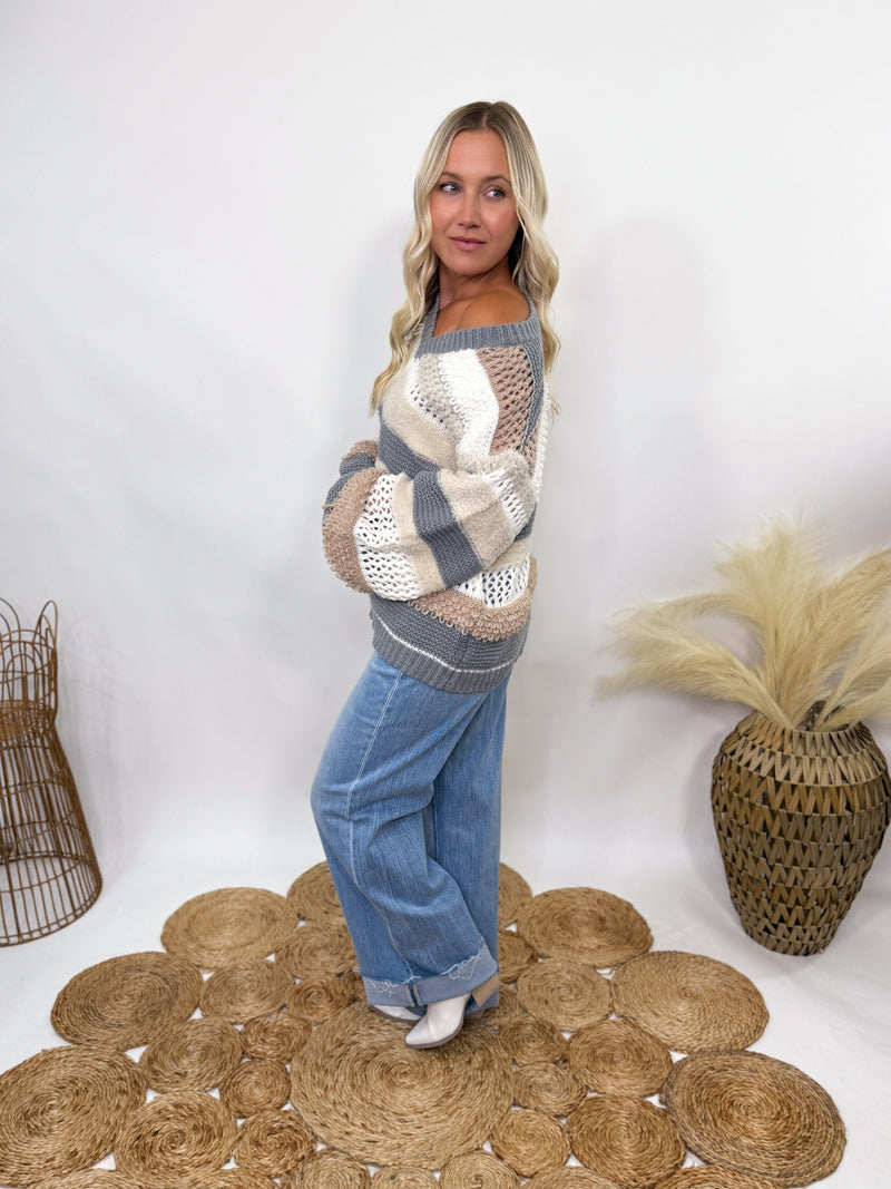 POL neutral colorblock striped oversized sweater.